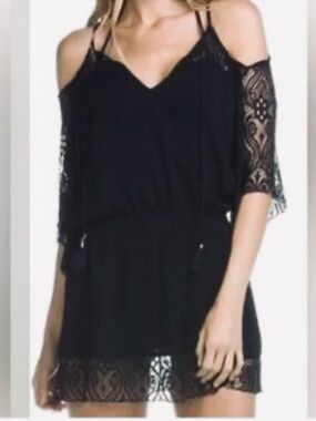 BECCA Black Lace-Trim Cold Shoulder Top Swimsuit cover (or beach dress)